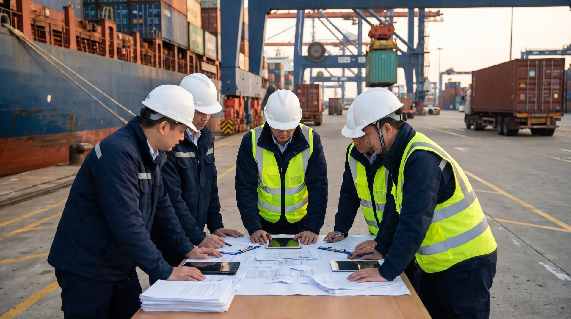 Équipe portuaire Socotram à l'œuvre sur un terminal maritime