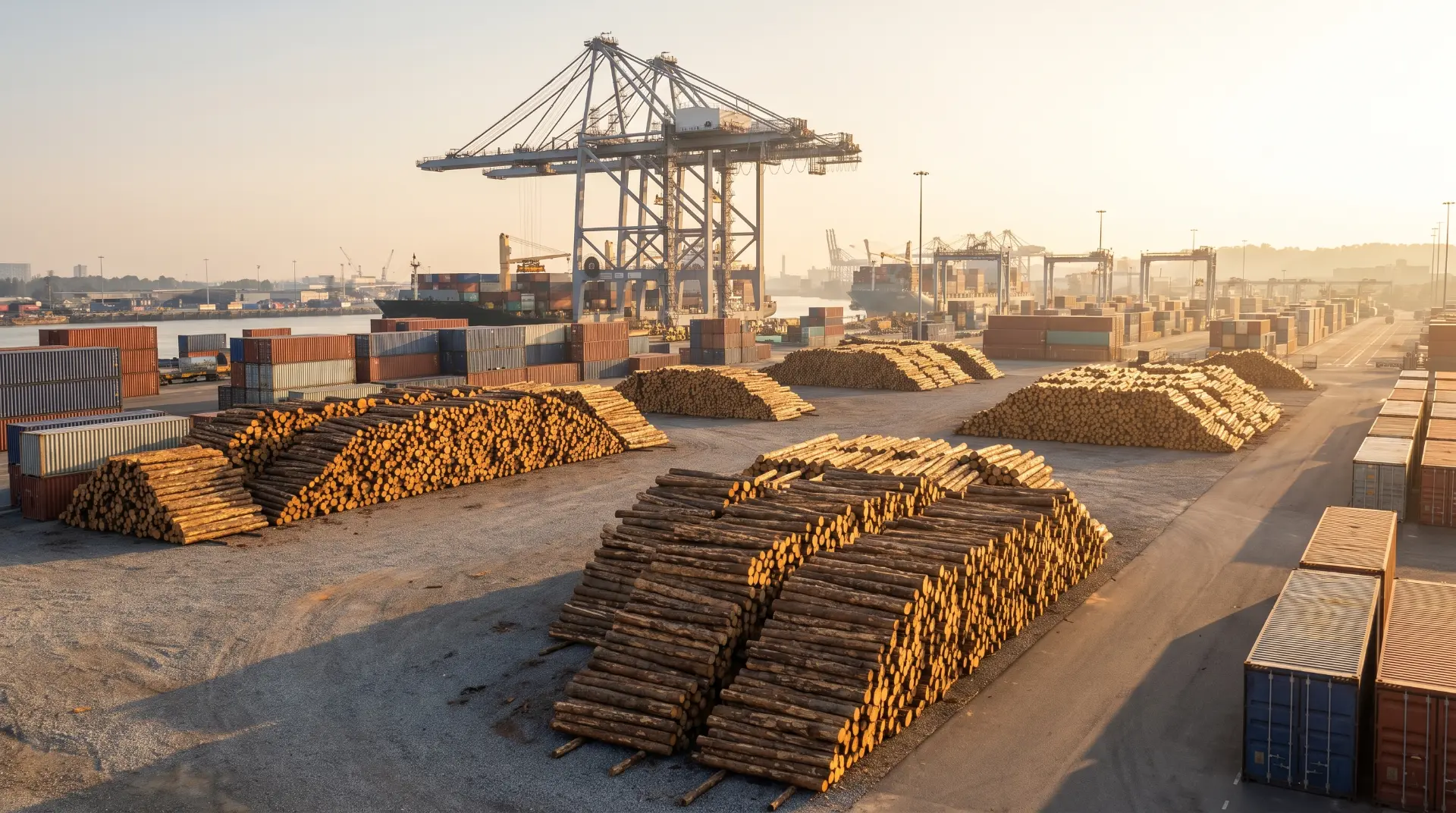 Terminal portuaire avec grues, conteneurs et empilements de bois au lever du jour
