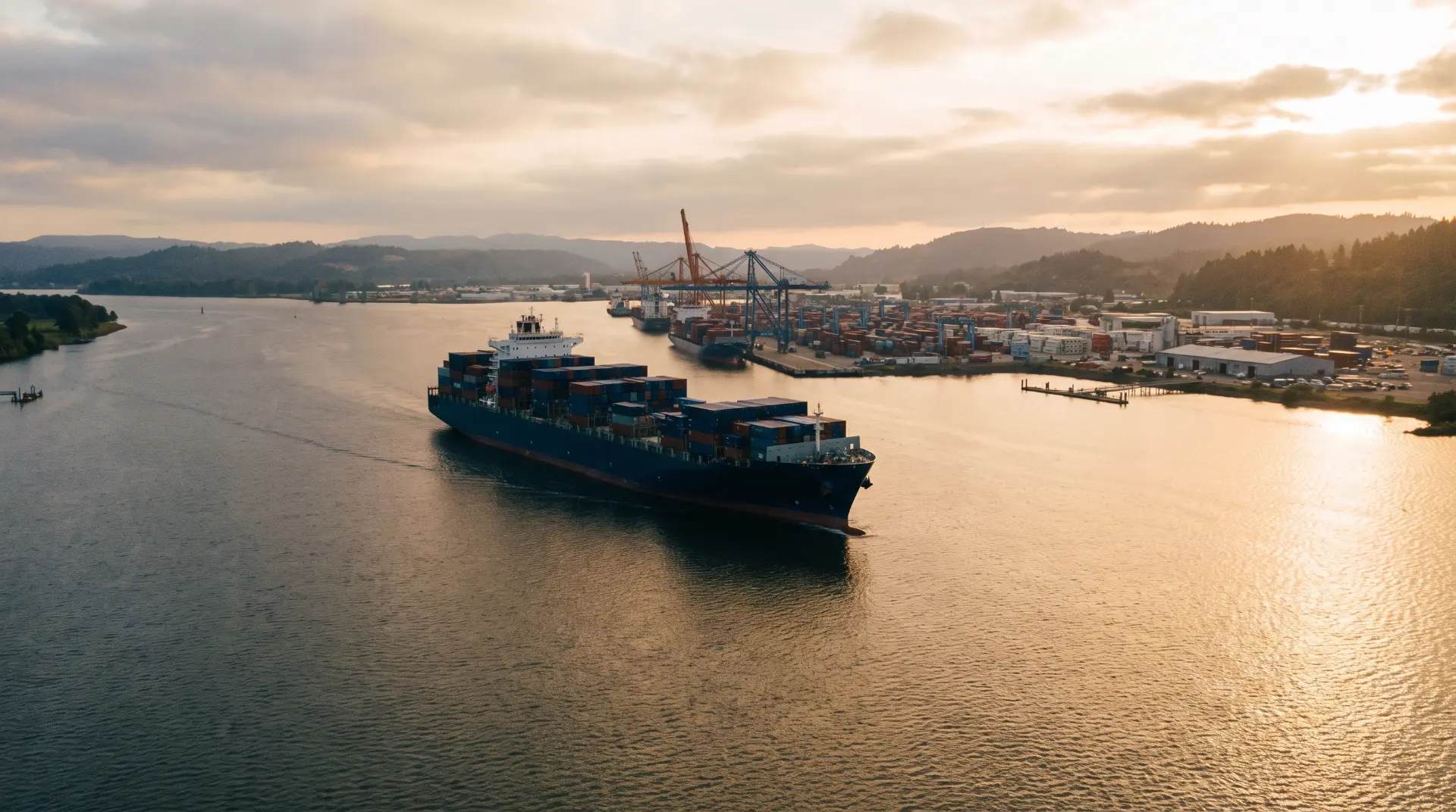 Porte-conteneurs naviguant sur un fleuve au coucher du soleil, grues portuaires en arrière-plan