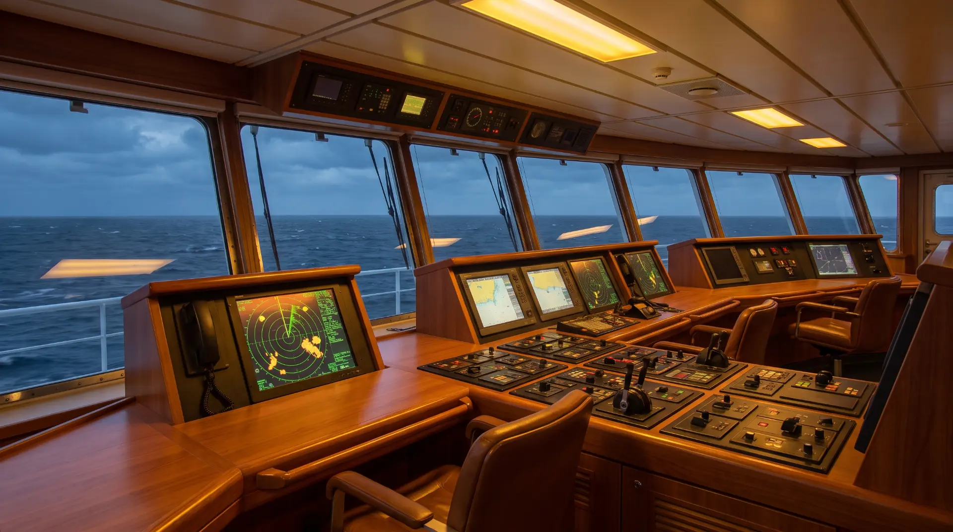 Passerelle d'un navire moderne avec consoles de navigation et radar
