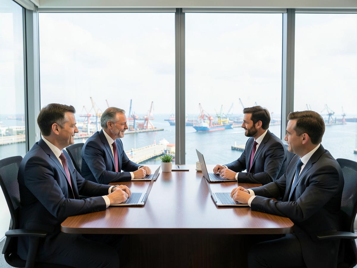 Réunion de direction dans un bureau donnant sur un terminal portuaire