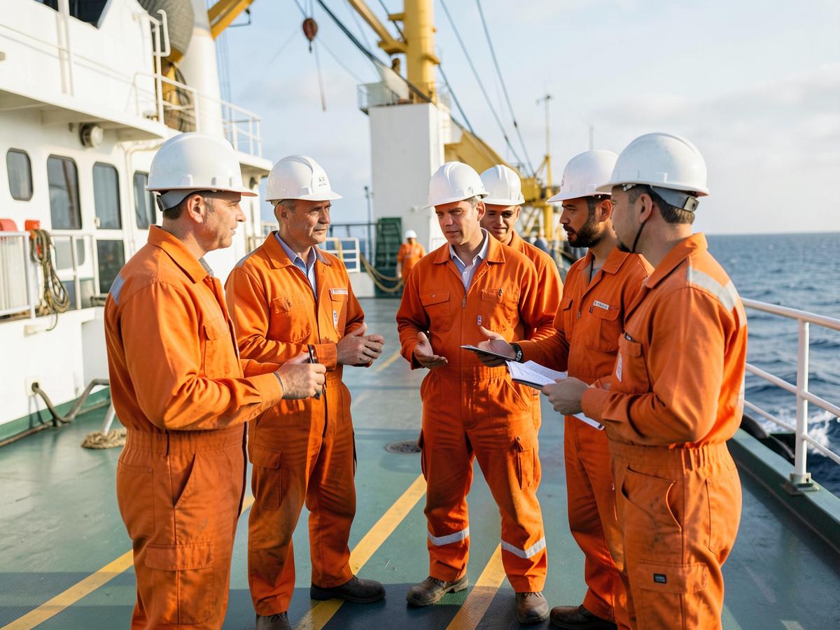 Briefing d'équipage en combinaison orange sur le pont d'un navire
