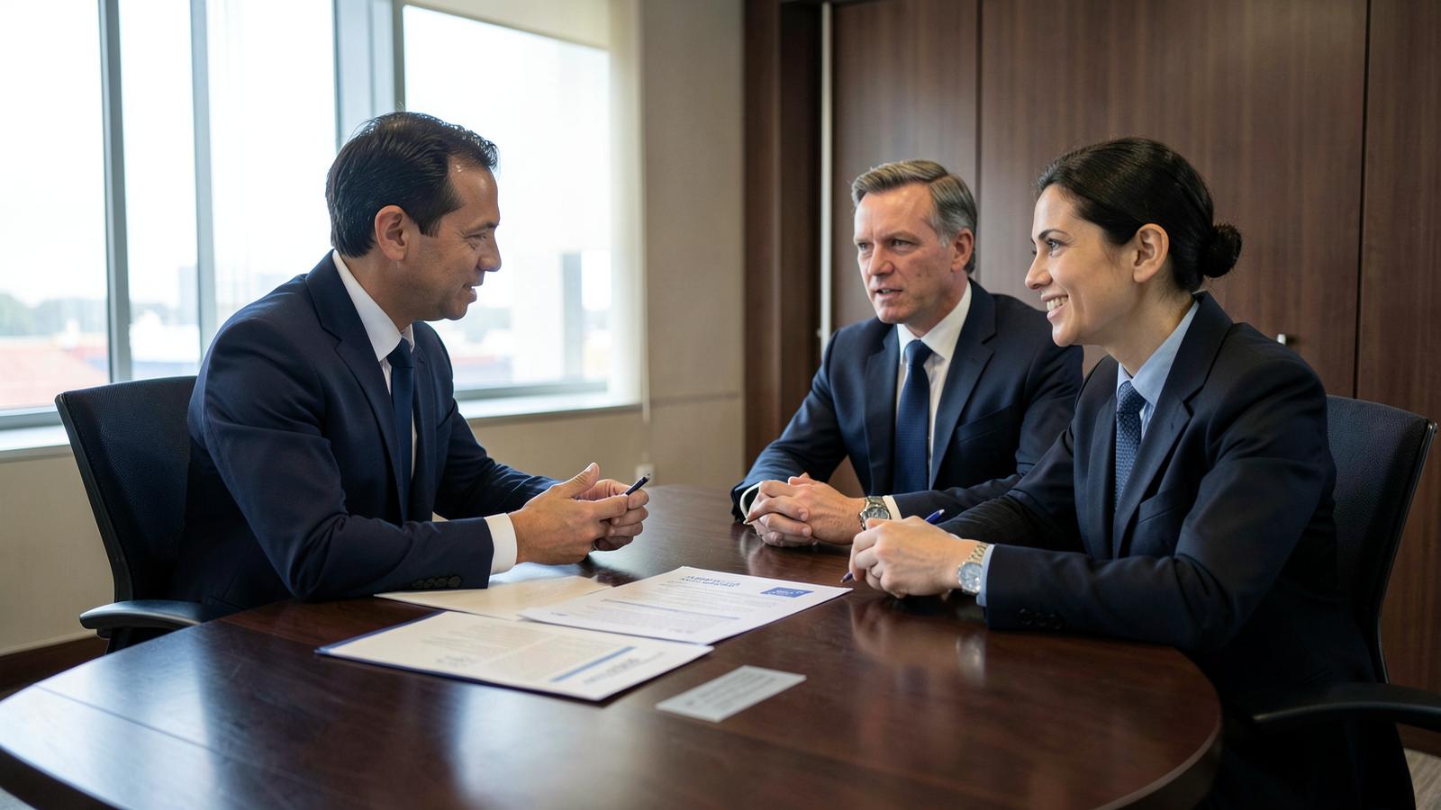 Réunion de conformité autour de documents dans une salle de direction
