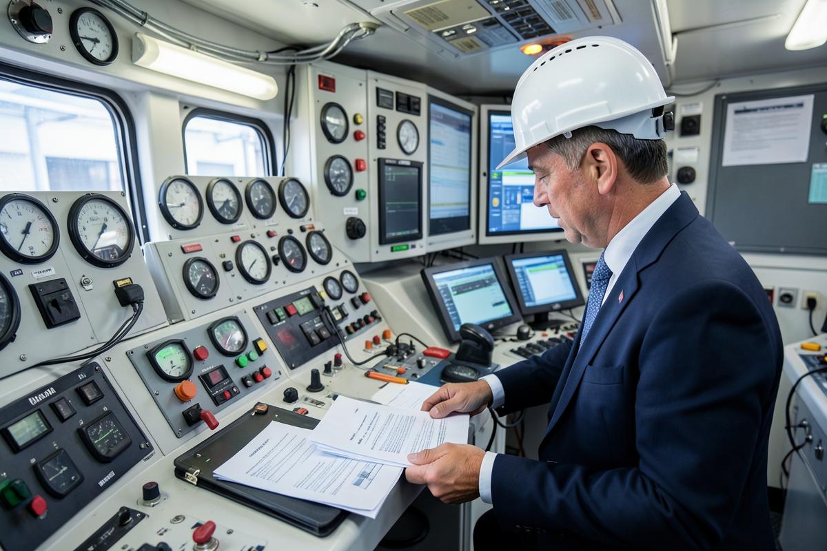 Audit interne documenté dans la salle de contrôle machine d'un navire