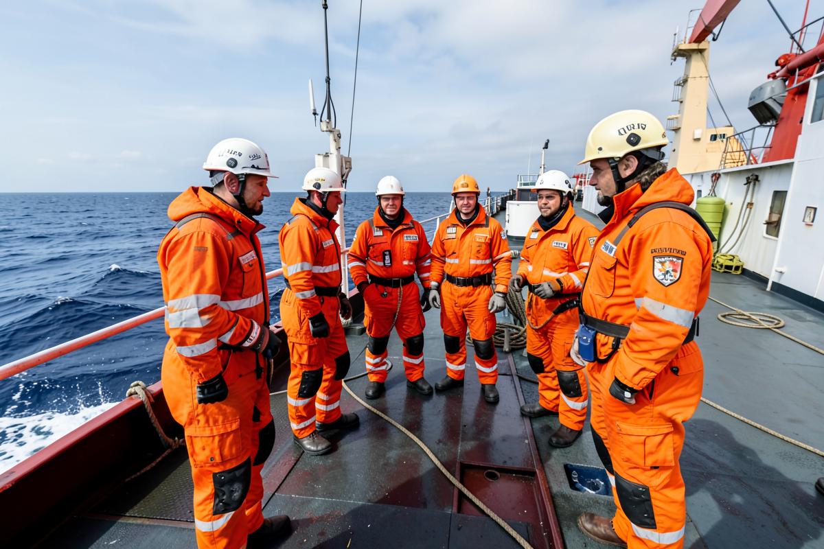 Exercice de sécurité en combinaisons de survie sur le pont d'un navire