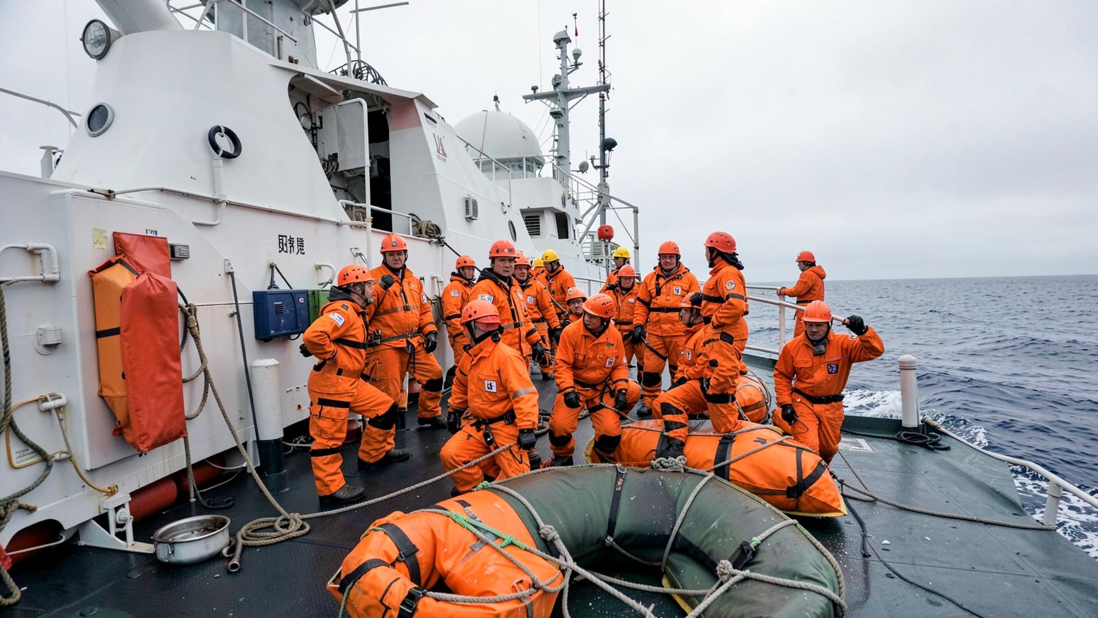 Équipage en combinaisons de survie orange lors d'un exercice de sécurité sur le pont d'un navire