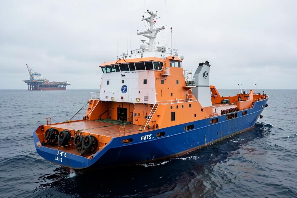 Navire AHTS en mer avec pont arrière de travail et plateforme pétrolière en arrière-plan