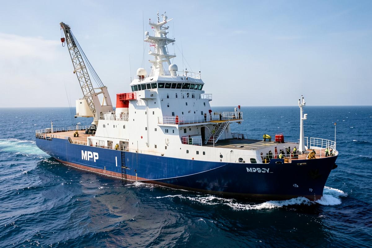 Navire MPSV équipé d'une grue offshore en opération en mer