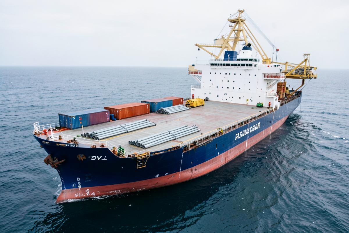 Navire PSV avec vaste pont cargo chargé de conteneurs et de tubulaires