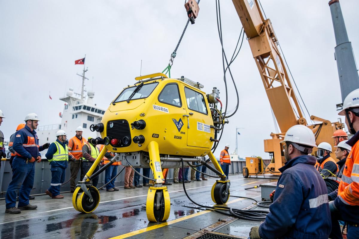 ROV jaune mis à l'eau depuis le pont d'un navire par une grue