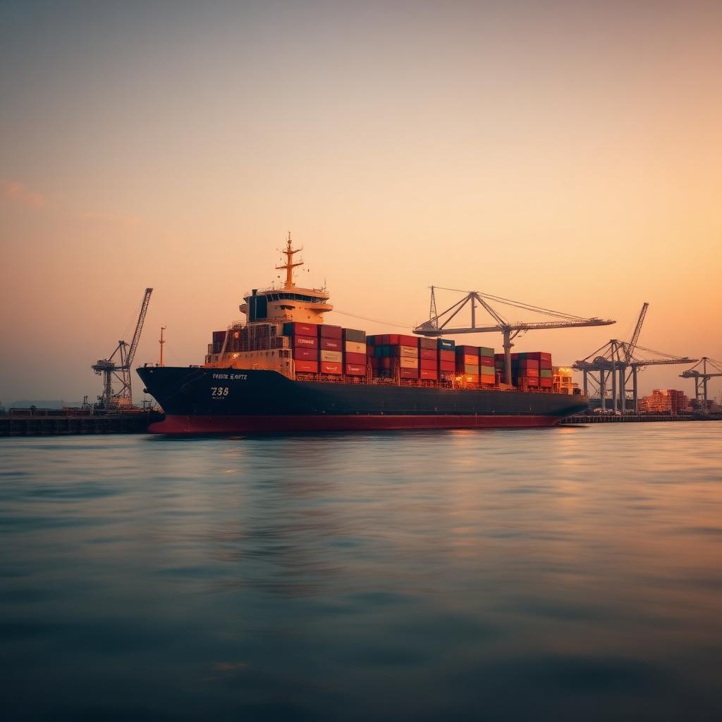 Navire porte-conteneurs à quai au port à l'heure dorée