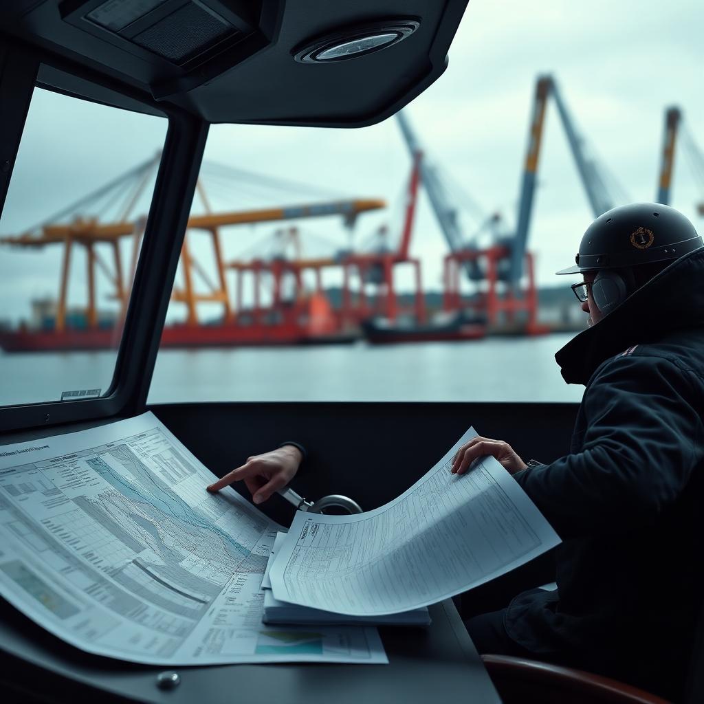 Officier vérifiant des documents de navigation en passerelle, grues portuaires en arrière-plan